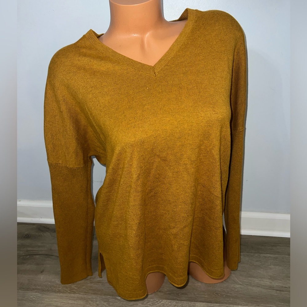 J Jill Sweater Women's Medium Yellow Pullover Knit Silk Wool Cotton Blend V Neck